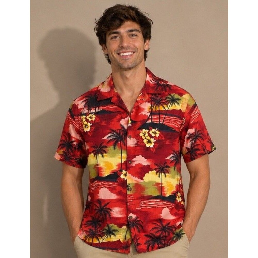 ALOHA REPUBLIC 2-TONE Red Yellow Island 100% COTTON MENS HAWAIIAN SHIRT SZ. M